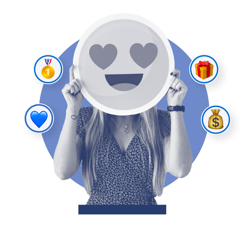 Concepto de salario emocional y beneficios laborales, mostrando una persona feliz rodeada de íconos de reconocimiento, compensación y bienestar.